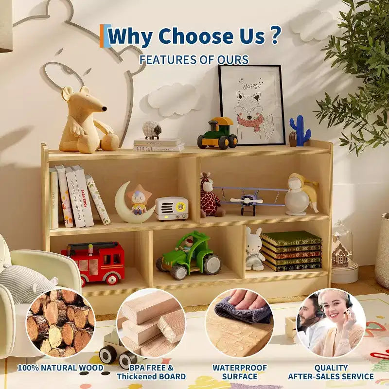 Wooden Bookshelf, 5-Section 2-Tier Toy Storage Organizer, Open Shelving Kids Book Shelf for Playroom Nursery Classroom Kindergarten