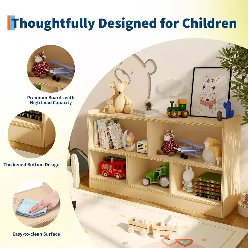 Wooden Bookshelf, 5-Section 2-Tier Toy Storage Organizer, Open Shelving Kids Book Shelf for Playroom Nursery Classroom Kindergarten