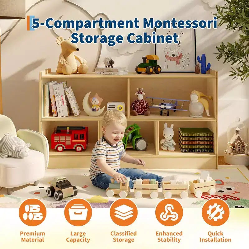 Wooden Bookshelf, 5-Section 2-Tier Toy Storage Organizer, Open Shelving Kids Book Shelf for Playroom Nursery Classroom Kindergarten
