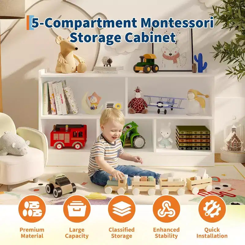 Wooden Bookshelf, 5-Section 2-Tier Toy Storage Organizer, Open Shelving Kids Book Shelf for Playroom Nursery Classroom Kindergarten