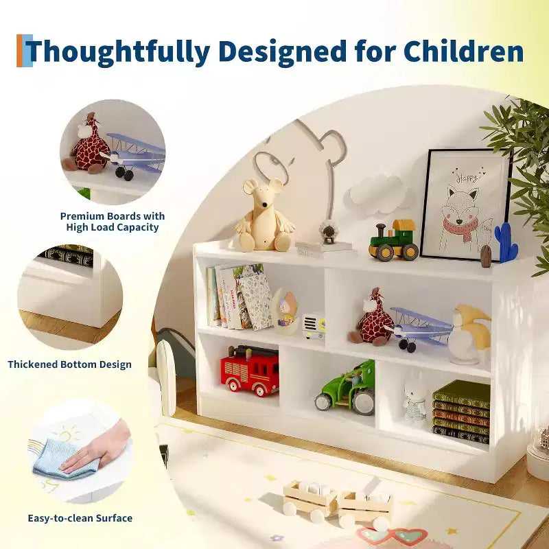 Wooden Bookshelf, 5-Section 2-Tier Toy Storage Organizer, Open Shelving Kids Book Shelf for Playroom Nursery Classroom Kindergarten
