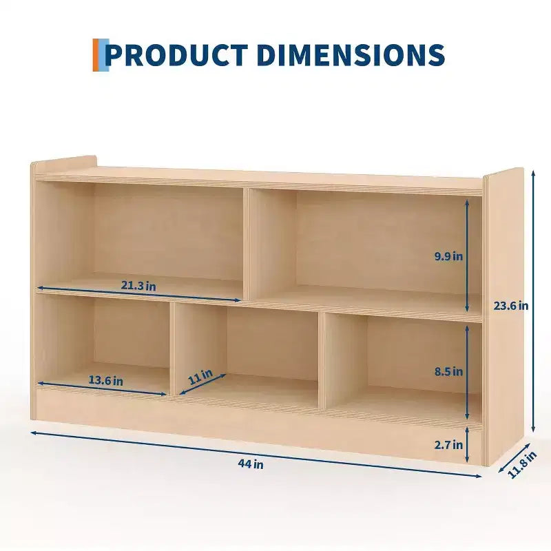 Wooden Bookshelf, 5-Section 2-Tier Toy Storage Organizer, Open Shelving Kids Book Shelf for Playroom Nursery Classroom Kindergarten