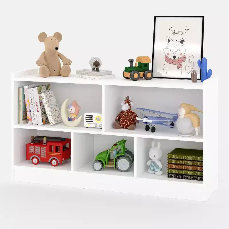 Wooden Bookshelf, 5-Section 2-Tier Toy Storage Organizer, Open Shelving Kids Book Shelf for Playroom Nursery Classroom Kindergarten