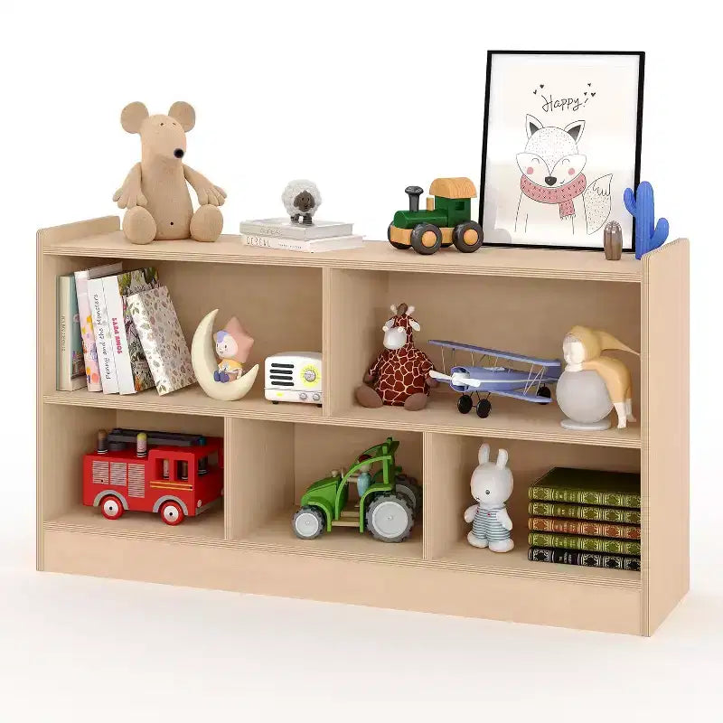 Wooden Bookshelf, 5-Section 2-Tier Toy Storage Organizer, Open Shelving Kids Book Shelf for Playroom Nursery Classroom Kindergarten