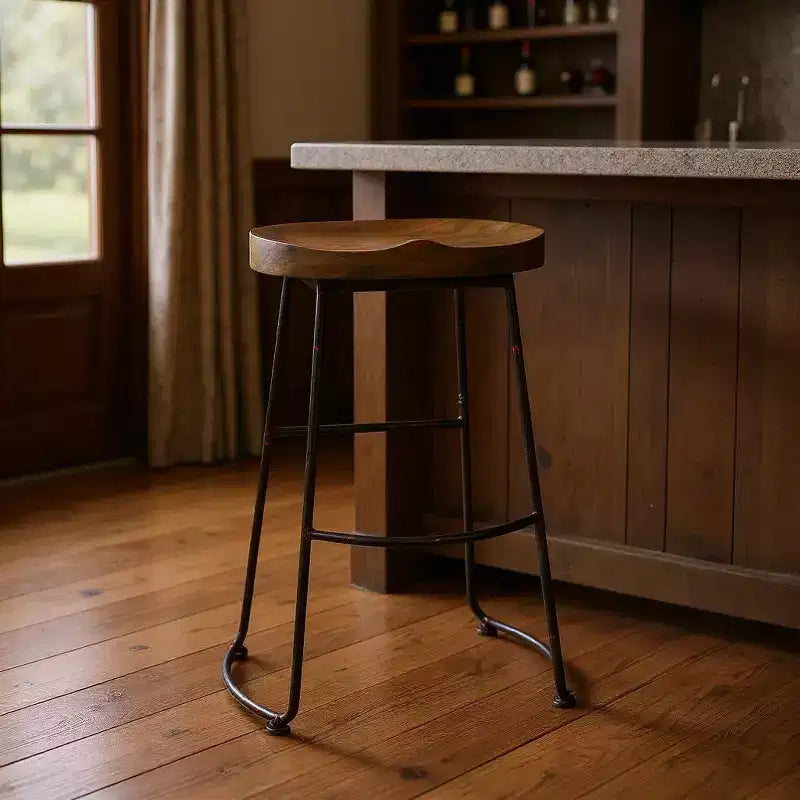 HomeRoots 30 Brown and Black Wood and Steel Bar Height Bar Chair