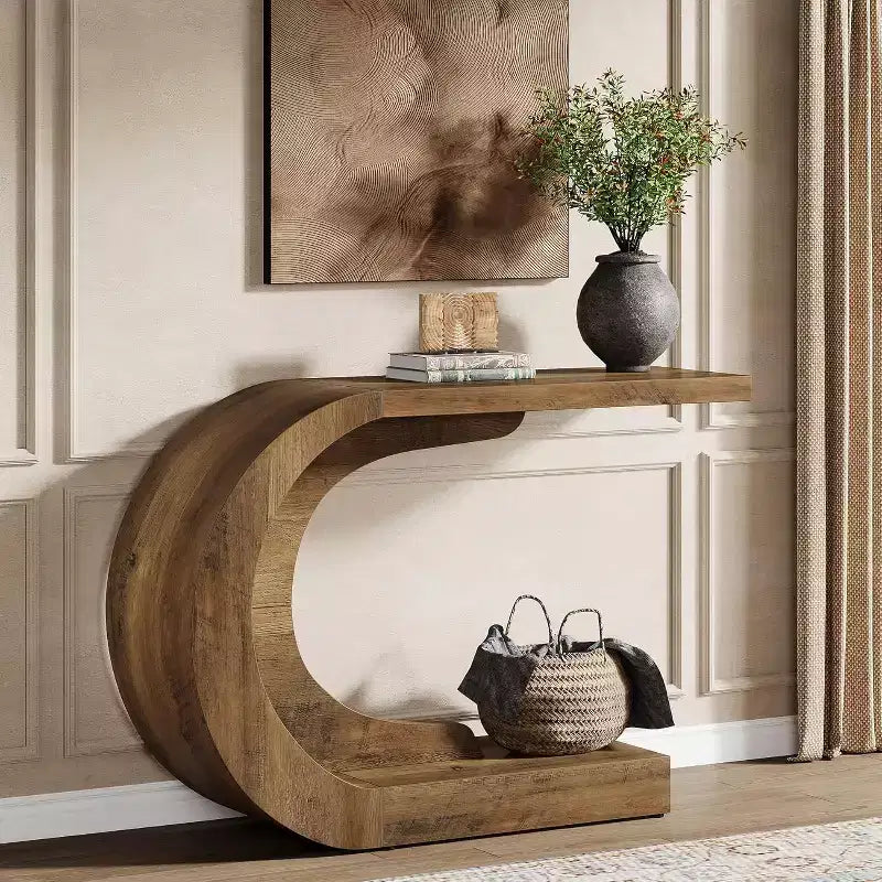 Lantine 43.3 Modern Farmhouse C-Shaped Rustic Console Table with Storage, for Living Room, Hallway, Entry, Foyer; Easy Assembly, Brown.