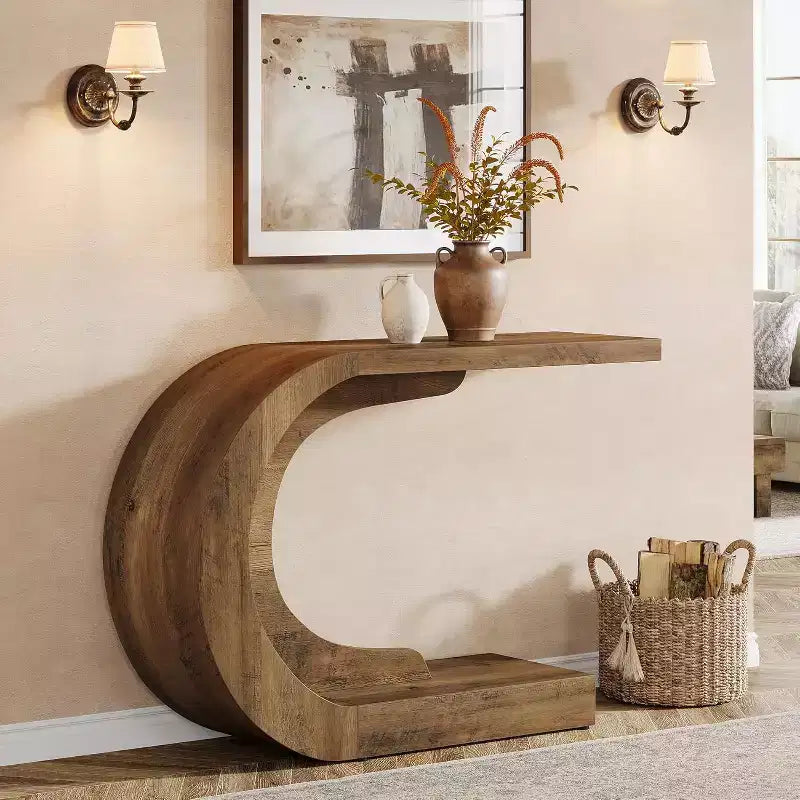 Lantine 43.3 Modern Farmhouse C-Shaped Rustic Console Table with Storage, for Living Room, Hallway, Entry, Foyer; Easy Assembly, Brown.
