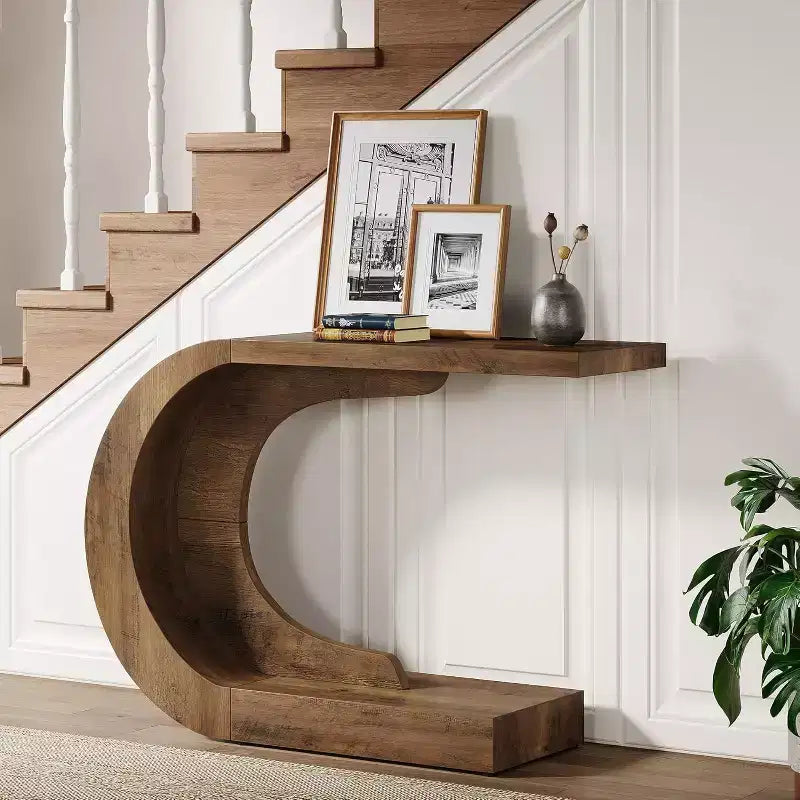 Lantine 43.3 Modern Farmhouse C-Shaped Rustic Console Table with Storage, for Living Room, Hallway, Entry, Foyer; Easy Assembly, Brown.
