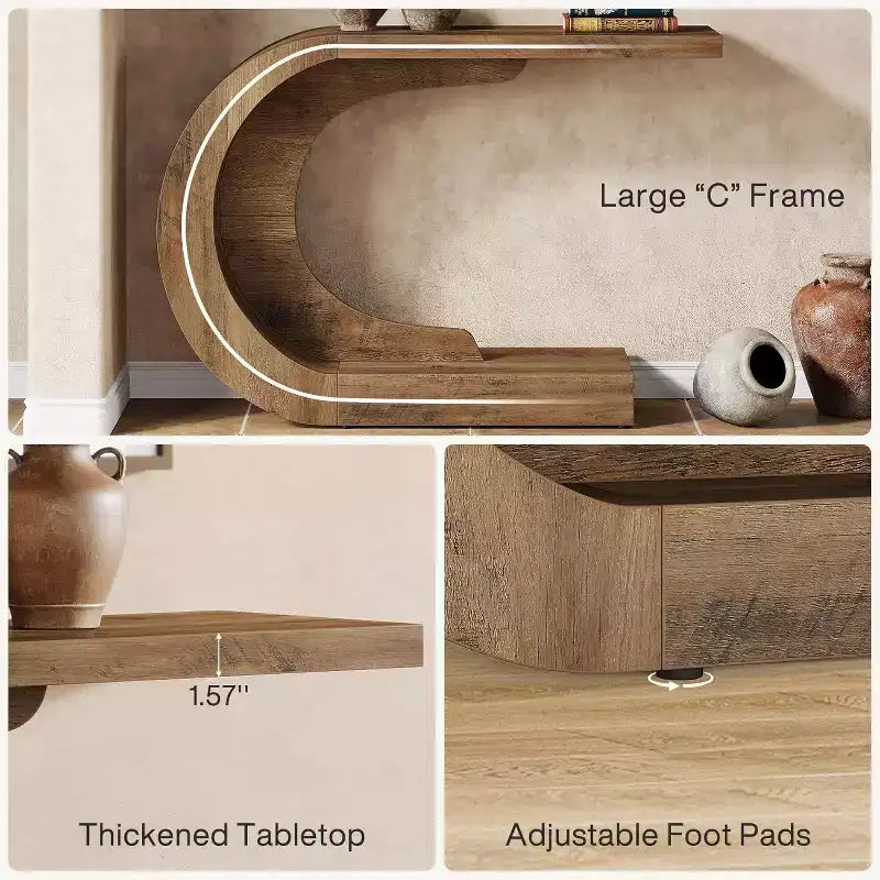 Lantine 43.3 Modern Farmhouse C-Shaped Rustic Console Table with Storage, for Living Room, Hallway, Entry, Foyer; Easy Assembly, Brown.
