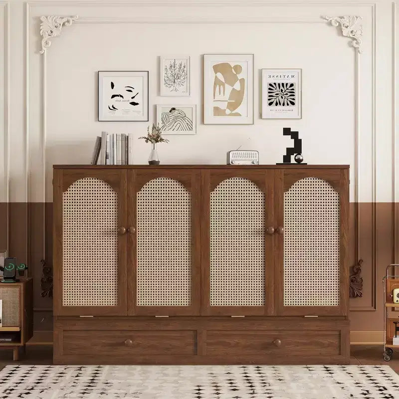 GDFStudio Dolores Pine Wood and Rattan Queen Size Murphy Bed with Charging Ports and Drawer