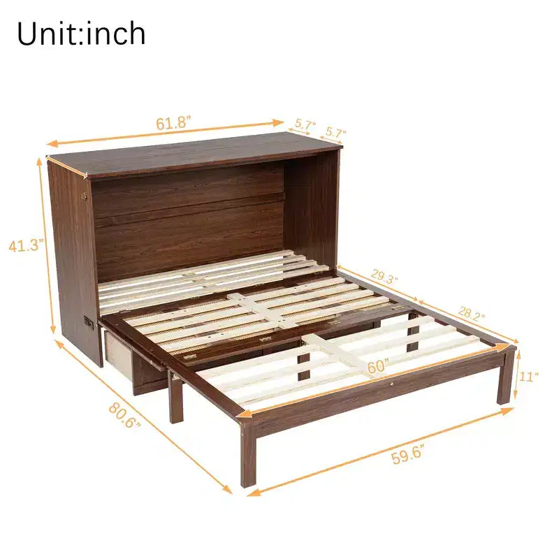 GDFStudio Dolores Pine Wood and Rattan Queen Size Murphy Bed with Charging Ports and Drawer