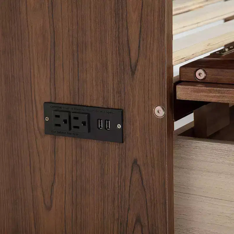 GDFStudio Dolores Pine Wood and Rattan Queen Size Murphy Bed with Charging Ports and Drawer