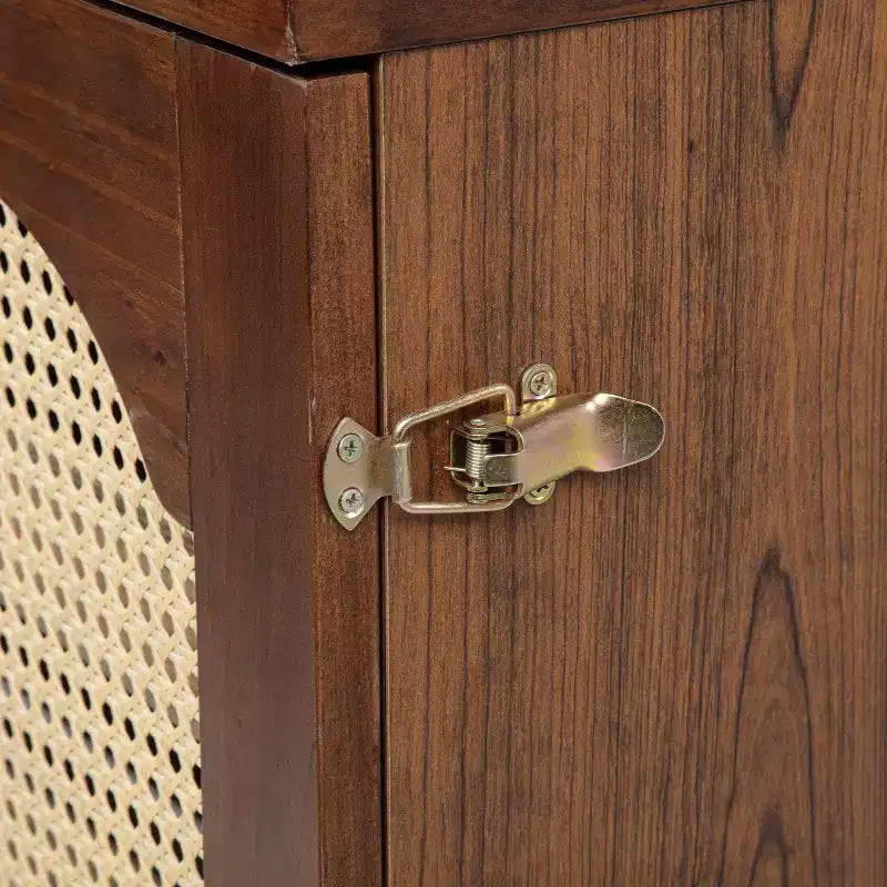 GDFStudio Dolores Pine Wood and Rattan Queen Size Murphy Bed with Charging Ports and Drawer
