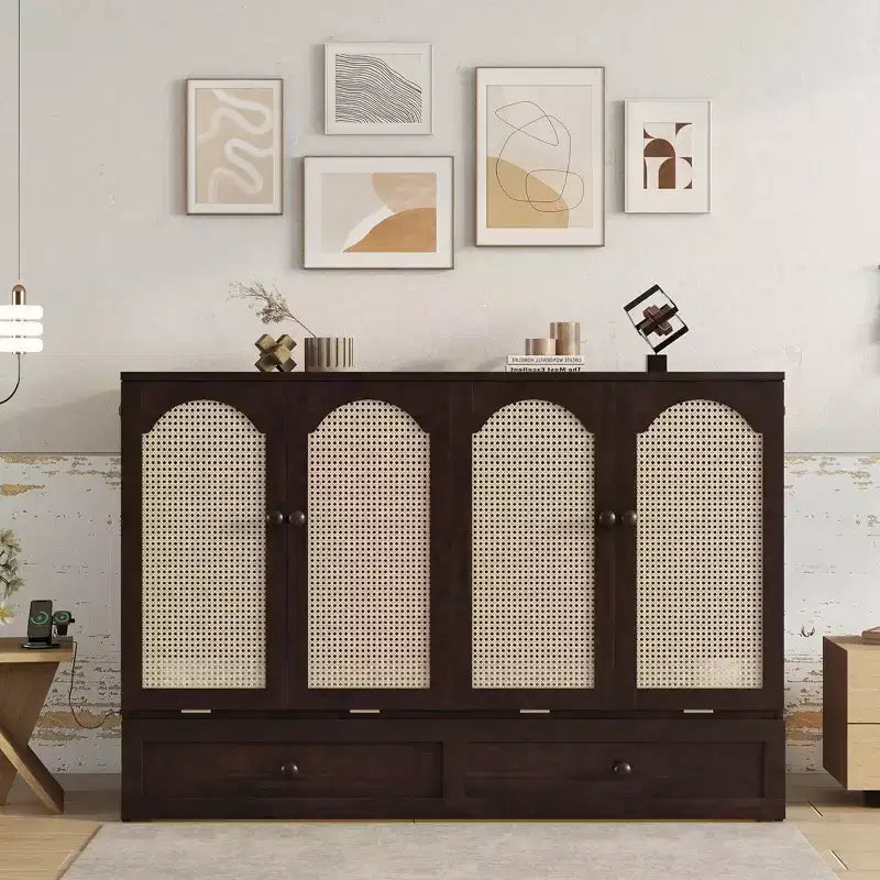 GDFStudio Dolores Pine Wood and Rattan Queen Size Murphy Bed with Charging Ports and Drawer