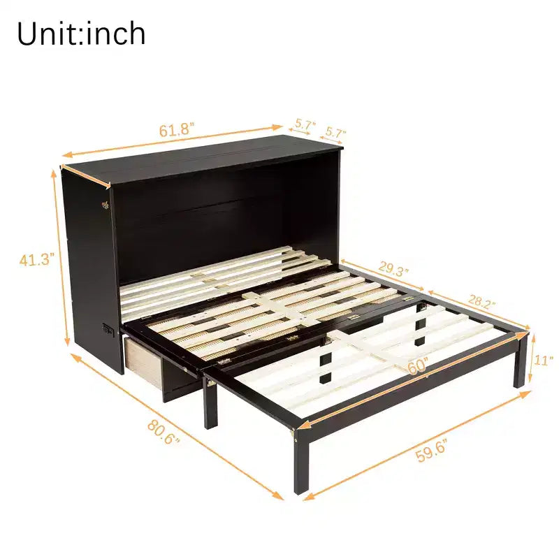 GDFStudio Dolores Pine Wood and Rattan Queen Size Murphy Bed with Charging Ports and Drawer