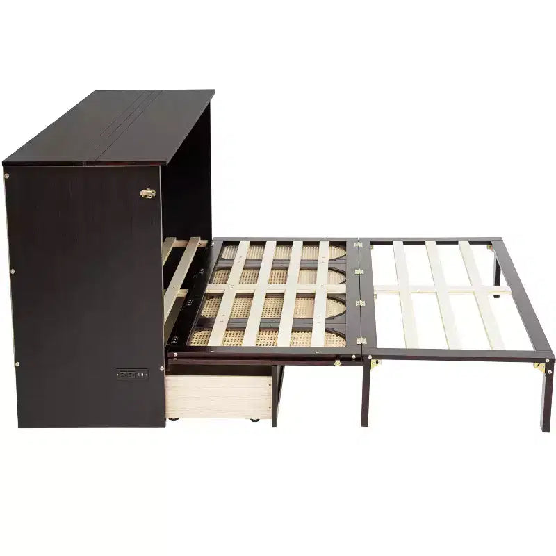 GDFStudio Dolores Pine Wood and Rattan Queen Size Murphy Bed with Charging Ports and Drawer