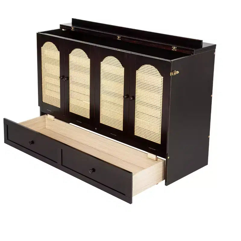 GDFStudio Dolores Pine Wood and Rattan Queen Size Murphy Bed with Charging Ports and Drawer