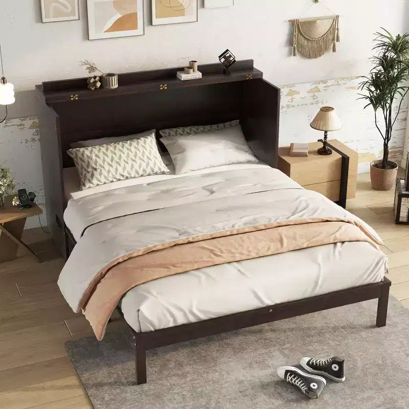 GDFStudio Dolores Pine Wood and Rattan Queen Size Murphy Bed with Charging Ports and Drawer