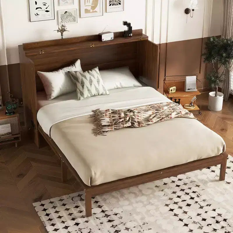 GDFStudio Dolores Pine Wood and Rattan Queen Size Murphy Bed with Charging Ports and Drawer