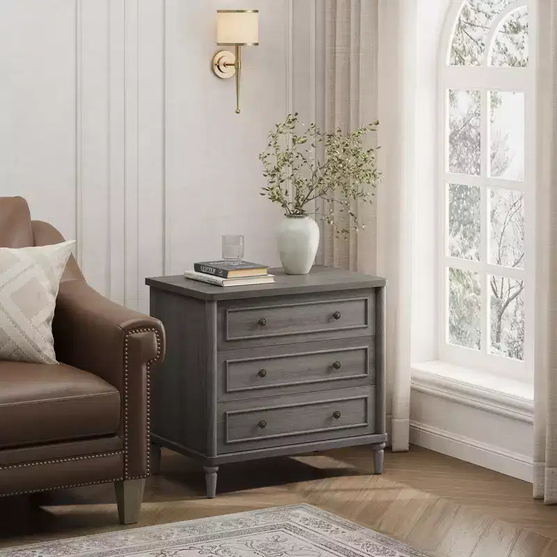 Bestier Farmhouse Nightstand Set of 2 with Charging Station for Bedroom, 3 Drawers Wood Legs Bedside Table, 30 Wide Sofa Side End Table