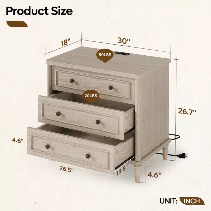 Bestier Farmhouse Nightstand Set of 2 with Charging Station for Bedroom, 3 Drawers Wood Legs Bedside Table, 30 Wide Sofa Side End Table