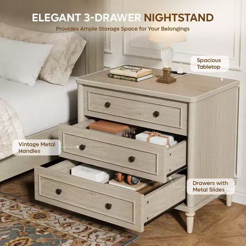 Bestier Farmhouse Nightstand Set of 2 with Charging Station for Bedroom, 3 Drawers Wood Legs Bedside Table, 30 Wide Sofa Side End Table
