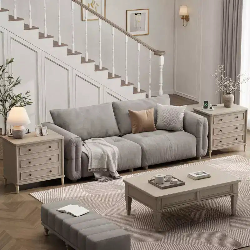 Bestier Farmhouse Nightstand Set of 2 with Charging Station for Bedroom, 3 Drawers Wood Legs Bedside Table, 30 Wide Sofa Side End Table