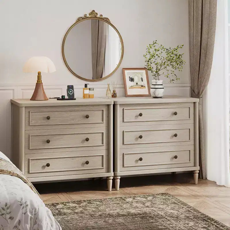 Bestier Farmhouse Nightstand Set of 2 with Charging Station for Bedroom, 3 Drawers Wood Legs Bedside Table, 30 Wide Sofa Side End Table