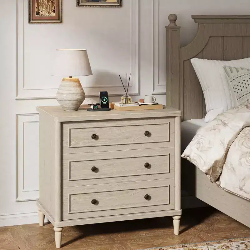 Bestier Farmhouse Nightstand Set of 2 with Charging Station for Bedroom, 3 Drawers Wood Legs Bedside Table, 30 Wide Sofa Side End Table