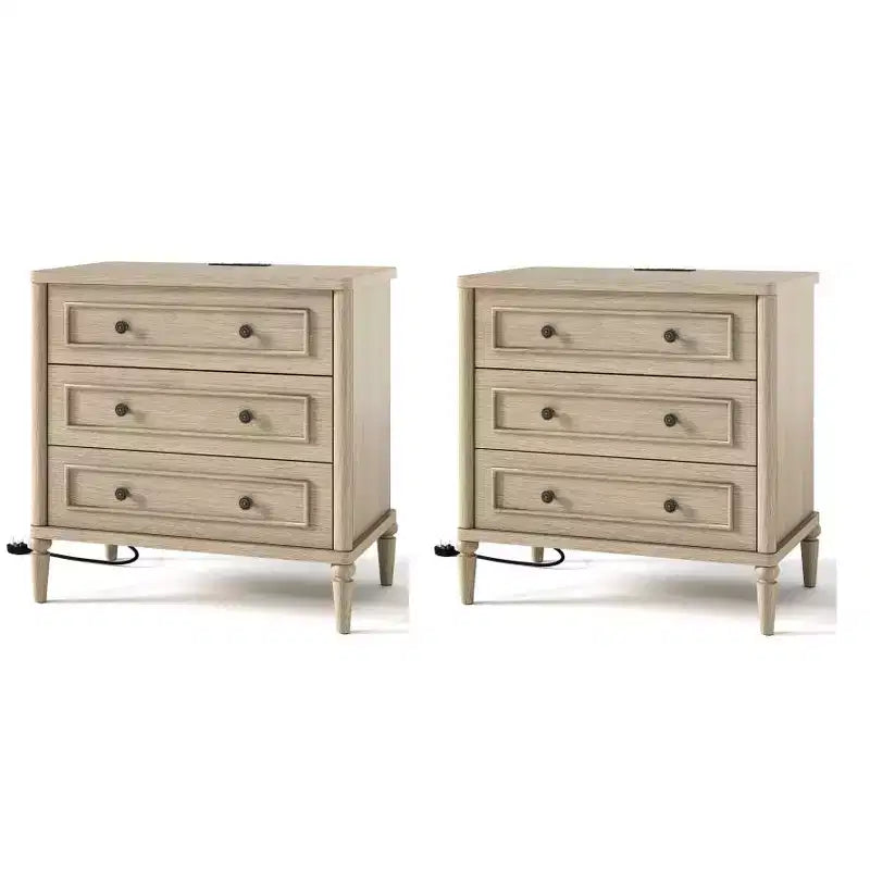 Bestier Farmhouse Nightstand Set of 2 with Charging Station for Bedroom, 3 Drawers Wood Legs Bedside Table, 30 Wide Sofa Side End Table