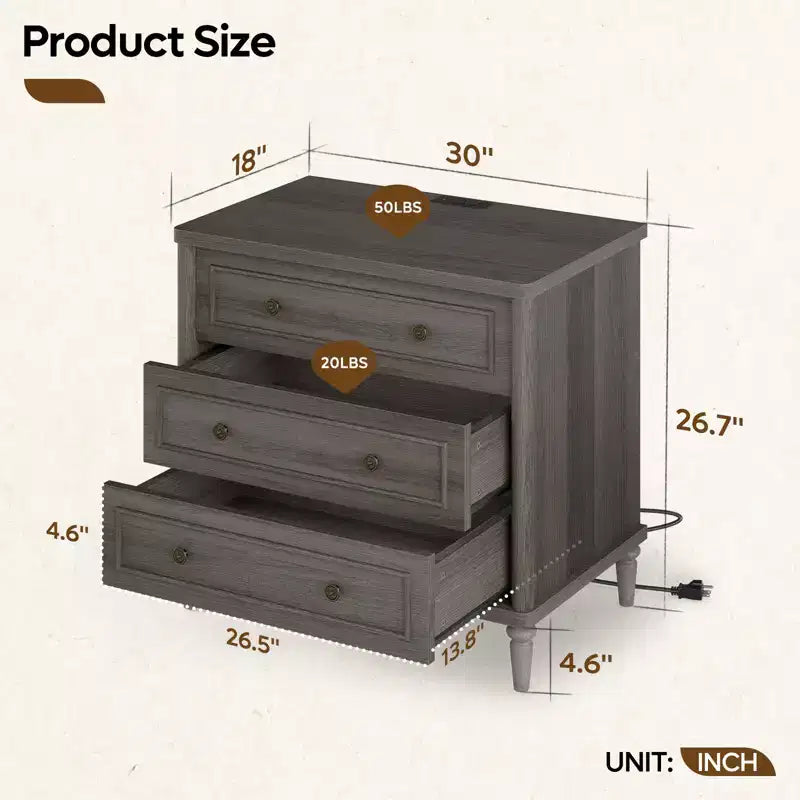 Bestier Farmhouse Nightstand Set of 2 with Charging Station for Bedroom, 3 Drawers Wood Legs Bedside Table, 30 Wide Sofa Side End Table