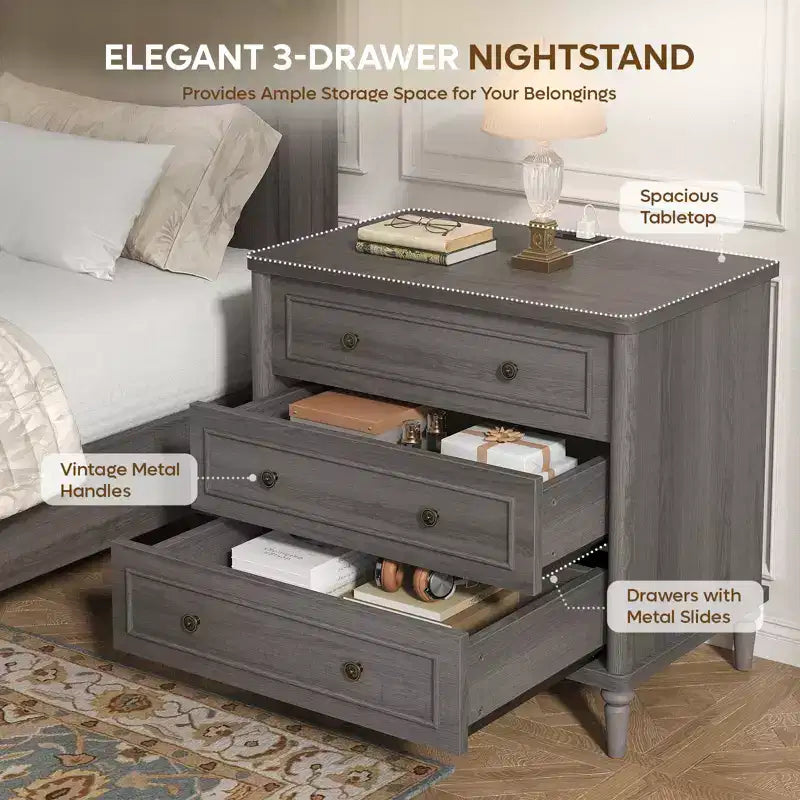 Bestier Farmhouse Nightstand Set of 2 with Charging Station for Bedroom, 3 Drawers Wood Legs Bedside Table, 30 Wide Sofa Side End Table