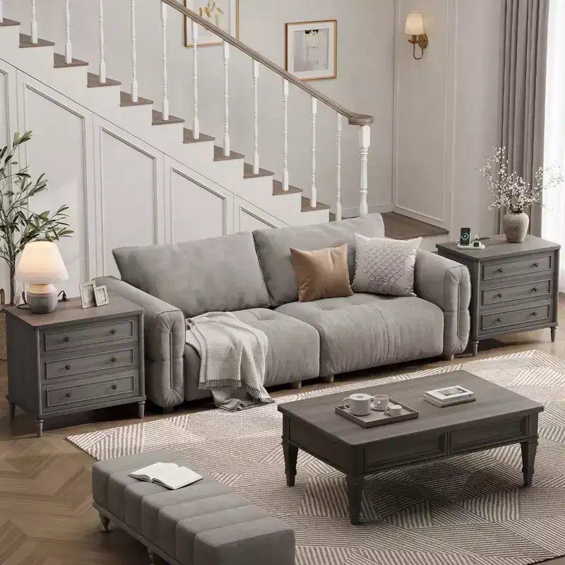 Bestier Farmhouse Nightstand Set of 2 with Charging Station for Bedroom, 3 Drawers Wood Legs Bedside Table, 30 Wide Sofa Side End Table