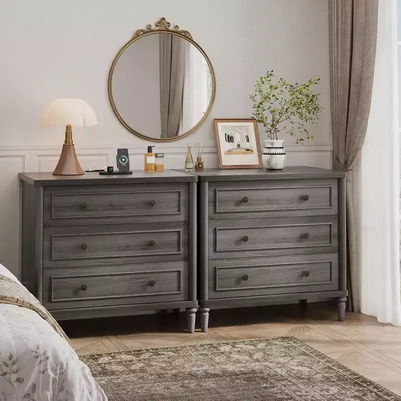 Bestier Farmhouse Nightstand Set of 2 with Charging Station for Bedroom, 3 Drawers Wood Legs Bedside Table, 30 Wide Sofa Side End Table