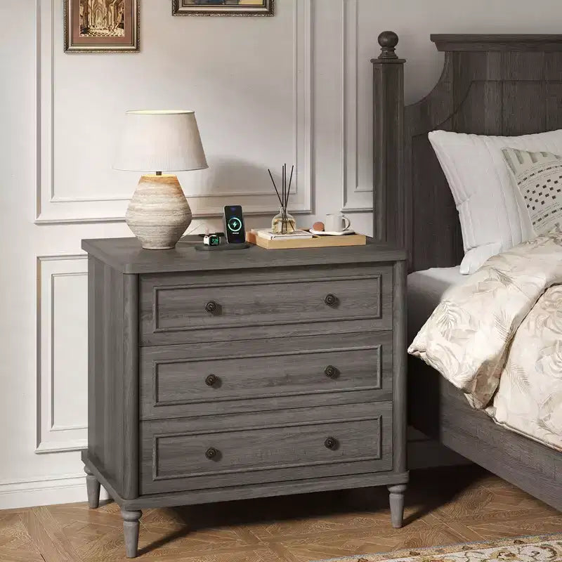 Bestier Farmhouse Nightstand Set of 2 with Charging Station for Bedroom, 3 Drawers Wood Legs Bedside Table, 30 Wide Sofa Side End Table