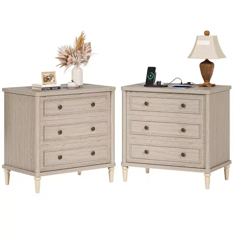 Bestier Farmhouse Nightstand Set of 2 with Charging Station for Bedroom, 3 Drawers Wood Legs Bedside Table, 30 Wide Sofa Side End Table