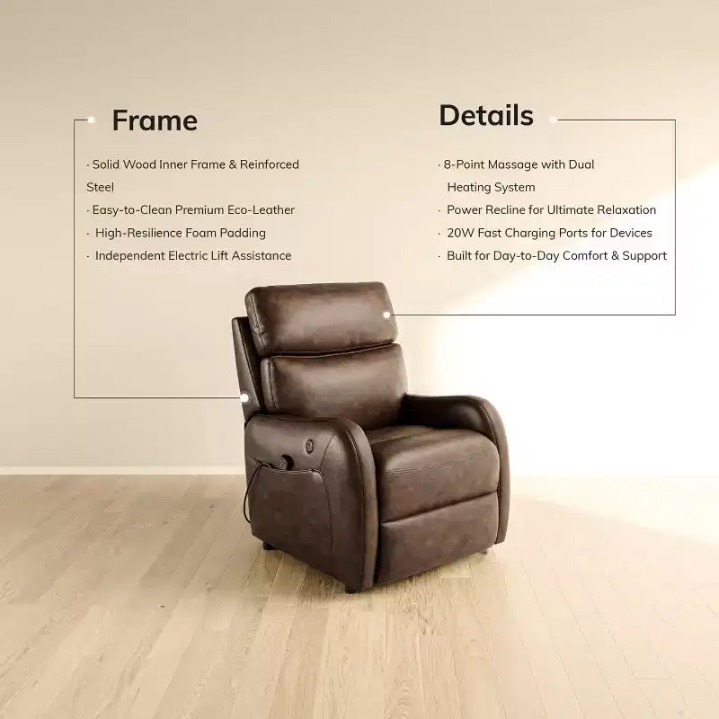 COLAMY Dual Motor Power Lift Recliner Premium Leather Electric Massage Chair with Dual Zone Heat & Lay Flat Sleep Mode