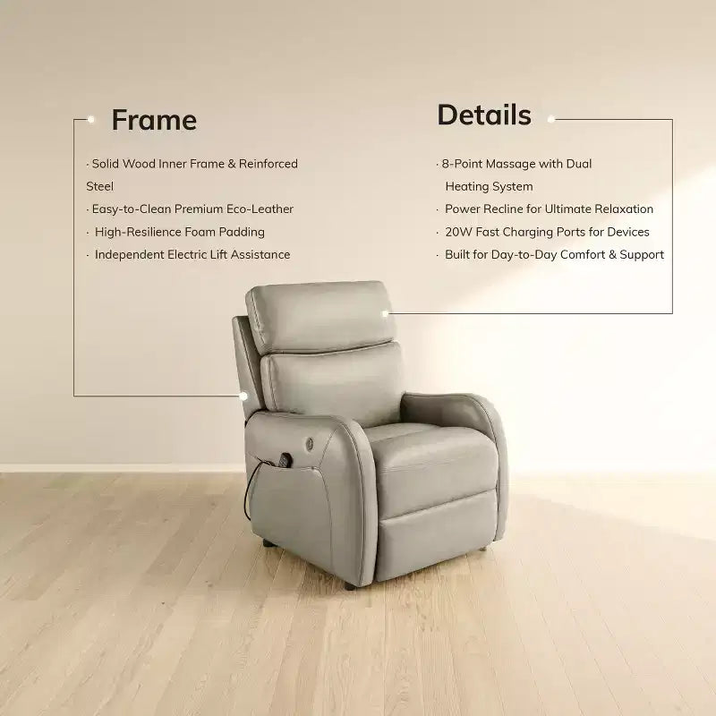 COLAMY Dual Motor Power Lift Recliner Premium Leather Electric Massage Chair with Dual Zone Heat & Lay Flat Sleep Mode