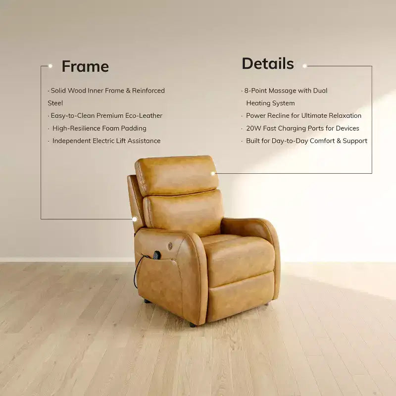 COLAMY Dual Motor Power Lift Recliner Premium Leather Electric Massage Chair with Dual Zone Heat & Lay Flat Sleep Mode