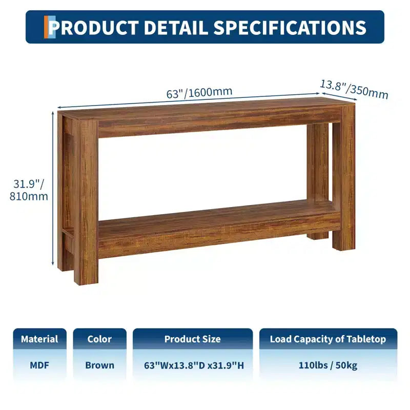 63 Inch Long Sofa Table Behind Couch, Narrow Console Table for Entryway with 2-Tier Storage, 31.9 Tall Slim Hallway Table for Living Room