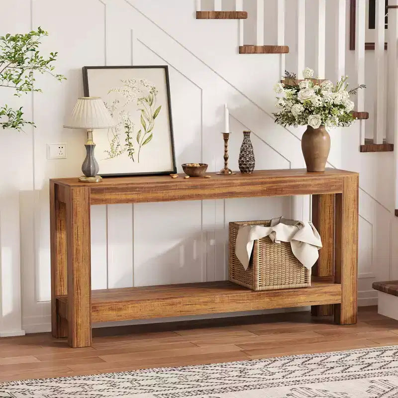 63 Inch Long Sofa Table Behind Couch, Narrow Console Table for Entryway with 2-Tier Storage, 31.9 Tall Slim Hallway Table for Living Room