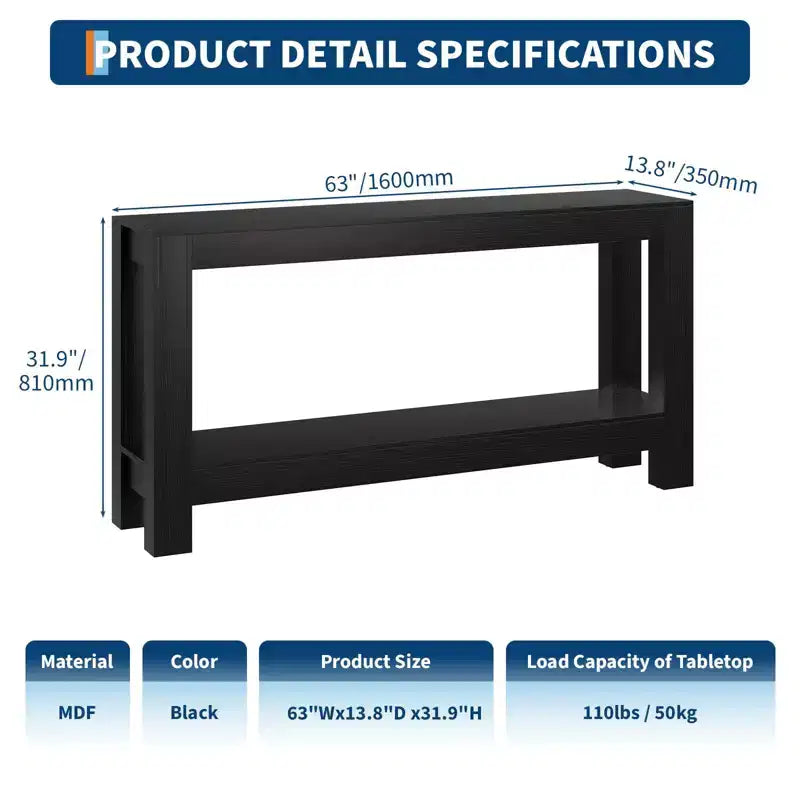 63 Inch Long Sofa Table Behind Couch, Narrow Console Table for Entryway with 2-Tier Storage, 31.9 Tall Slim Hallway Table for Living Room