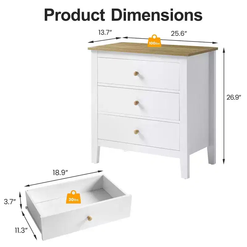 Large 3 Drawer Nightstand with Solid Wood Knobs