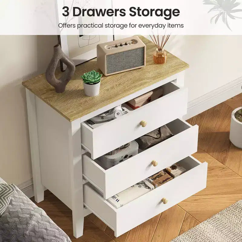 Large 3 Drawer Nightstand with Solid Wood Knobs