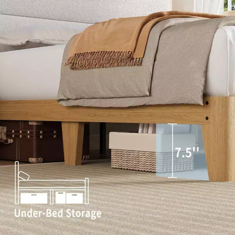 Bed Frame with Storage Headboard, Upholstered Platform Bed, No Box Spring Needed, Easy Assembly, Wooden Slats,
