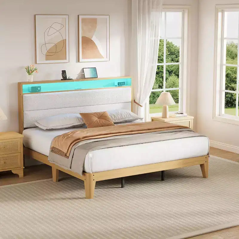 Bed Frame with Storage Headboard, Upholstered Platform Bed, No Box Spring Needed, Easy Assembly, Wooden Slats,