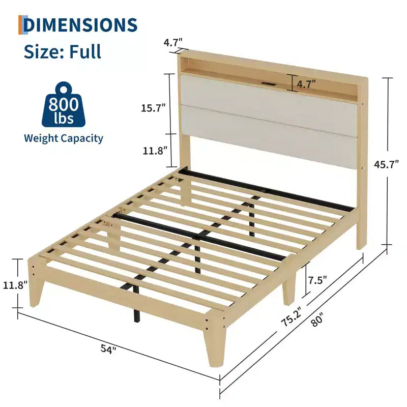 Bed Frame with Storage Headboard, Upholstered Platform Bed, No Box Spring Needed, Easy Assembly, Wooden Slats,
