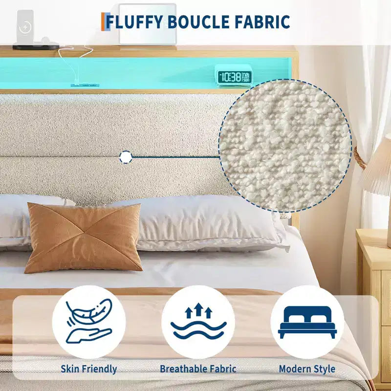 Bed Frame with Storage Headboard, Upholstered Platform Bed, No Box Spring Needed, Easy Assembly, Wooden Slats,