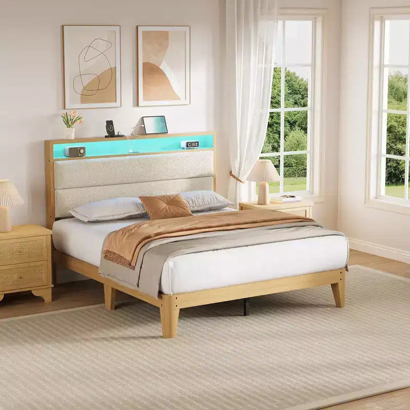 Bed Frame with Storage Headboard, Upholstered Platform Bed, No Box Spring Needed, Easy Assembly, Wooden Slats,