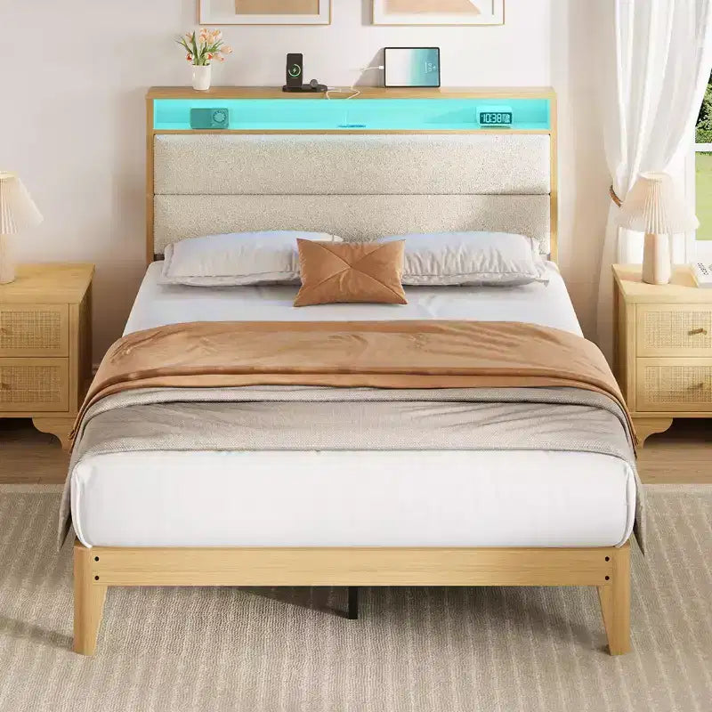 Bed Frame with Storage Headboard, Upholstered Platform Bed, No Box Spring Needed, Easy Assembly, Wooden Slats,